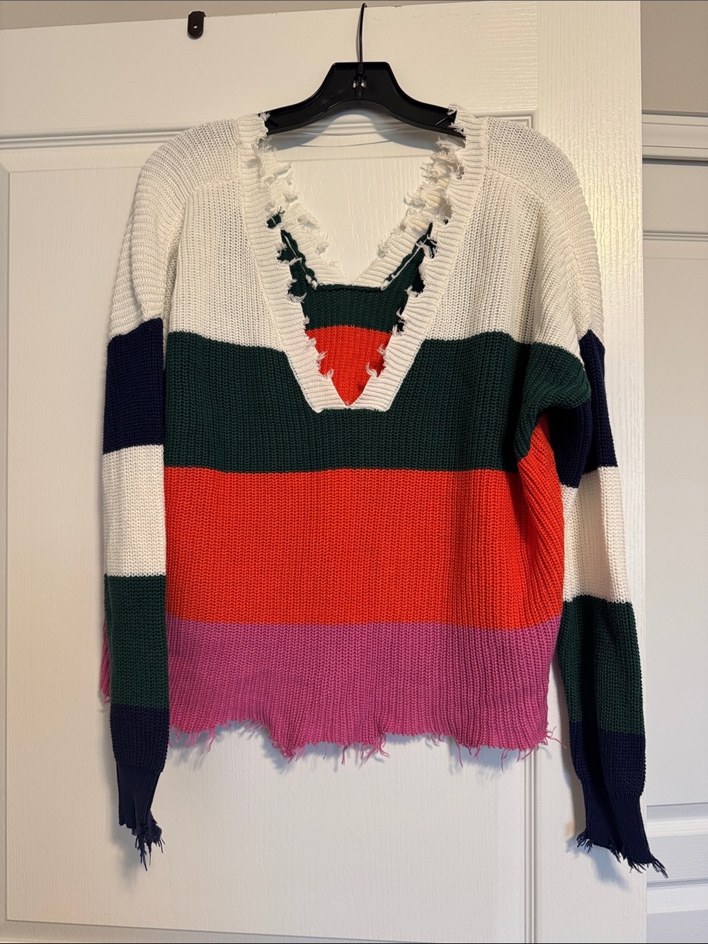 Fate Distressed Striped V-Neck Sweater in White, Green, Red, Pink, Navy